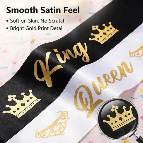 2 Pack Black and White King and Queen Sashes Set for Women Men, Satin Sashes with Gold Glitter Print, Party Decoration Accessories for Prom Wedding Birthday Halloween Graduation Costume in Saudi Arabia