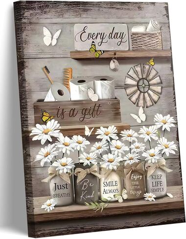 Farmhouse Bathroom Canvas Wall Art,Rustic Bathroom Poster Prints.Vintage Country Daisy Butterfly Painting,Retro Inspirational Quotes Picture Home Wall Decor 12x16in Framed in Saudi Arabia