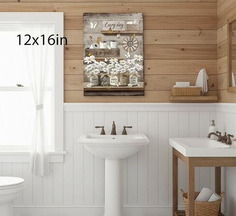 Farmhouse Bathroom Canvas Wall Art,Rustic Bathroom Poster Prints.Vintage Country Daisy Butterfly Painting,Retro Inspirational Quotes Picture Home Wall Decor 12x16in Framed in Saudi Arabia