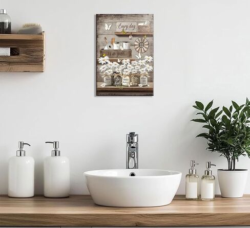 Farmhouse Bathroom Canvas Wall Art,Rustic Bathroom Poster Prints.Vintage Country Daisy Butterfly Painting,Retro Inspirational Quotes Picture Home Wall Decor 12x16in Framed in Saudi Arabia