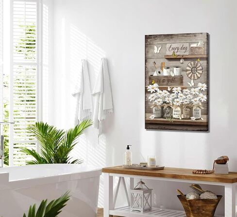 Farmhouse Bathroom Canvas Wall Art,Rustic Bathroom Poster Prints.Vintage Country Daisy Butterfly Painting,Retro Inspirational Quotes Picture Home Wall Decor 12x16in Framed in Saudi Arabia