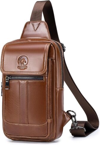 RAINBOW HORSE Brown Leather Chest Bag - Men's Genuine Leather Shoulder Pouch with Dual Front Pockets, Stylish Crossbody Sling for Travel & Work in Kuwait