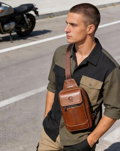 RAINBOW HORSE Brown Leather Chest Bag - Men's Genuine Leather Shoulder Pouch with Dual Front Pockets, Stylish Crossbody Sling for Travel & Work in Kuwait