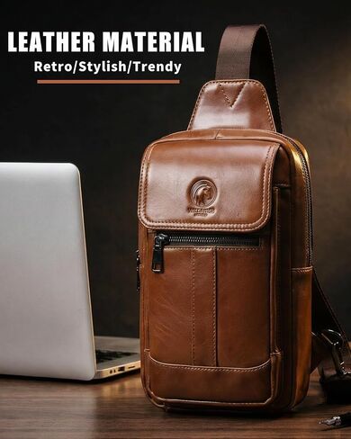 RAINBOW HORSE Brown Leather Chest Bag - Men's Genuine Leather Shoulder Pouch with Dual Front Pockets, Stylish Crossbody Sling for Travel & Work in Kuwait
