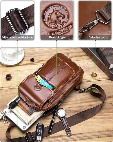 RAINBOW HORSE Brown Leather Chest Bag - Men's Genuine Leather Shoulder Pouch with Dual Front Pockets, Stylish Crossbody Sling for Travel & Work in Kuwait