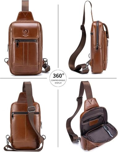 RAINBOW HORSE Brown Leather Chest Bag - Men's Genuine Leather Shoulder Pouch with Dual Front Pockets, Stylish Crossbody Sling for Travel & Work in Kuwait