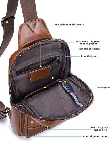 RAINBOW HORSE Brown Leather Chest Bag - Men's Genuine Leather Shoulder Pouch with Dual Front Pockets, Stylish Crossbody Sling for Travel & Work in Kuwait