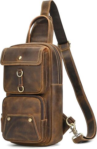 Men's Full-grain Leather Sling Bag - Crossbody Chest Bag with Multiple Zipper Pockets for Travel, Commute & Outdoor in Saudi Arabia