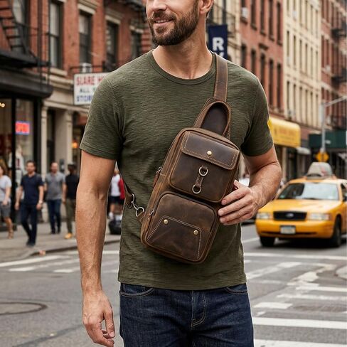 Men's Full-grain Leather Sling Bag - Crossbody Chest Bag with Multiple Zipper Pockets for Travel, Commute & Outdoor in Saudi Arabia