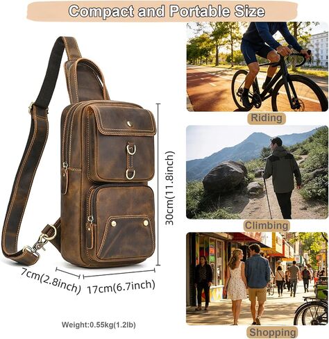 Men's Full-grain Leather Sling Bag - Crossbody Chest Bag with Multiple Zipper Pockets for Travel, Commute & Outdoor in Saudi Arabia