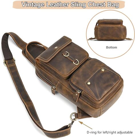 Men's Full-grain Leather Sling Bag - Crossbody Chest Bag with Multiple Zipper Pockets for Travel, Commute & Outdoor in Saudi Arabia
