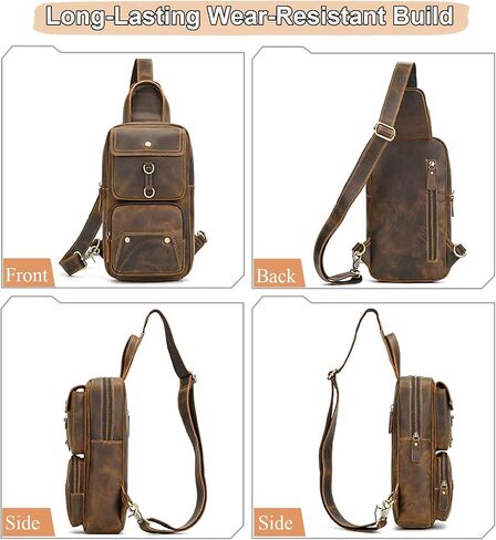 Men's Full-grain Leather Sling Bag - Crossbody Chest Bag with Multiple Zipper Pockets for Travel, Commute & Outdoor in Saudi Arabia