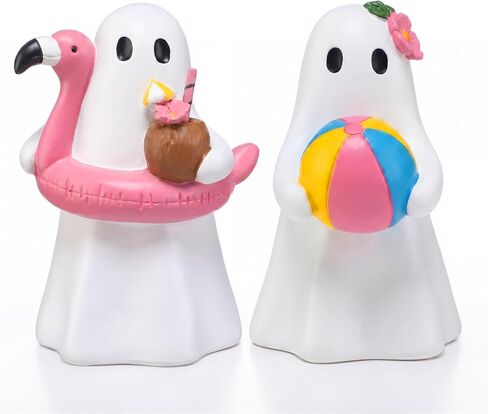 Blulu 2 Pcs Summer Halloween Ghost Figure Decor Resin 6 Inch Beach Pool Party Decoration Cute Kawaii Spooky Summer Halloween Hawaii Gift Decor Funny Ghost Statue Tabletop Indoor Outdoor Home in Kuwait
