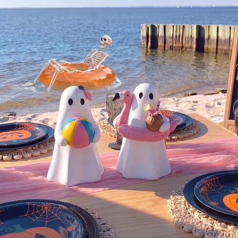 Blulu 2 Pcs Summer Halloween Ghost Figure Decor Resin 6 Inch Beach Pool Party Decoration Cute Kawaii Spooky Summer Halloween Hawaii Gift Decor Funny Ghost Statue Tabletop Indoor Outdoor Home in Kuwait