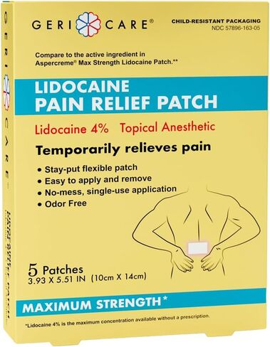 رقعة GeriCare Lidocaine لتخفيف الآلام ذات القوة القصوى، مخدر موضعي، 10 سم × 14 سم، 5 رقع (عبوة من قطعة واحدة) in Kuwait