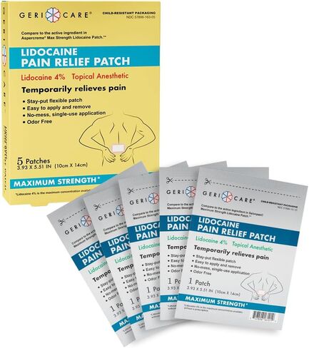 رقعة GeriCare Lidocaine لتخفيف الآلام ذات القوة القصوى، مخدر موضعي، 10 سم × 14 سم، 5 رقع (عبوة من قطعة واحدة) in Kuwait
