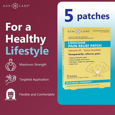 رقعة GeriCare Lidocaine لتخفيف الآلام ذات القوة القصوى، مخدر موضعي، 10 سم × 14 سم، 5 رقع (عبوة من قطعة واحدة) in Kuwait