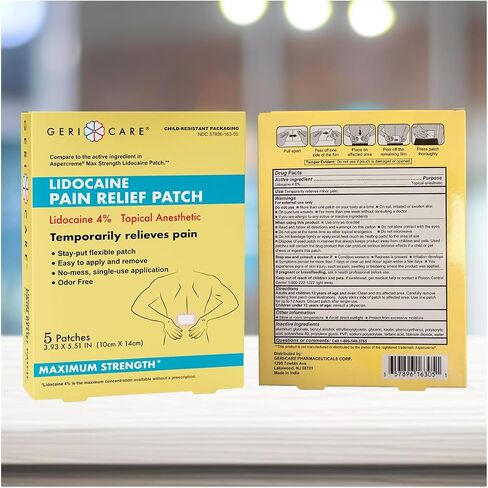 رقعة GeriCare Lidocaine لتخفيف الآلام ذات القوة القصوى، مخدر موضعي، 10 سم × 14 سم، 5 رقع (عبوة من قطعة واحدة) in Kuwait