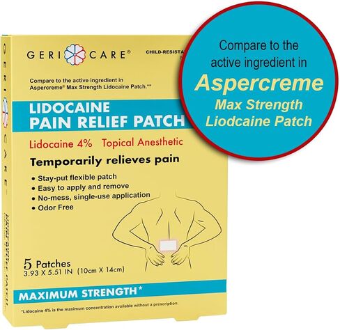 رقعة GeriCare Lidocaine لتخفيف الآلام ذات القوة القصوى، مخدر موضعي، 10 سم × 14 سم، 5 رقع (عبوة من قطعة واحدة) in Kuwait