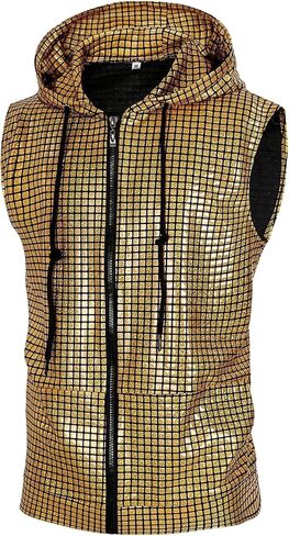 Mens Sequin Hoodies 70s Disco Shinny Shirt for Men Sleeveless Sparkly Shirts Zipper Metallic Tops in Kuwait