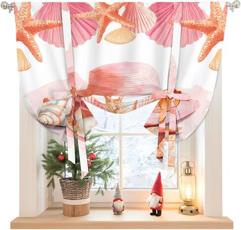 Coral Orange Red Tie Up Curtains for Windows 63 Inch Length Balloon Curtains Kitchen Adjustable Balloon Window Shade Coastal Ocean Starfish Shell Tie Up Valance Bathroom Curtain Window 52"x63" in Saudi Arabia