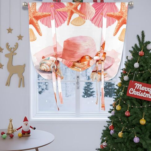 Coral Orange Red Tie Up Curtains for Windows 63 Inch Length Balloon Curtains Kitchen Adjustable Balloon Window Shade Coastal Ocean Starfish Shell Tie Up Valance Bathroom Curtain Window 52"x63" in Saudi Arabia