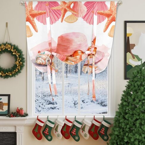 Coral Orange Red Tie Up Curtains for Windows 63 Inch Length Balloon Curtains Kitchen Adjustable Balloon Window Shade Coastal Ocean Starfish Shell Tie Up Valance Bathroom Curtain Window 52"x63" in Saudi Arabia