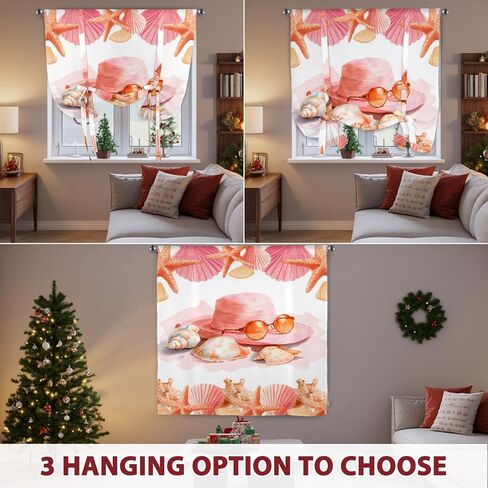 Coral Orange Red Tie Up Curtains for Windows 63 Inch Length Balloon Curtains Kitchen Adjustable Balloon Window Shade Coastal Ocean Starfish Shell Tie Up Valance Bathroom Curtain Window 52"x63" in Saudi Arabia
