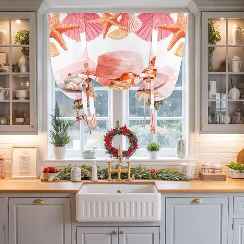 Coral Orange Red Tie Up Curtains for Windows 63 Inch Length Balloon Curtains Kitchen Adjustable Balloon Window Shade Coastal Ocean Starfish Shell Tie Up Valance Bathroom Curtain Window 52"x63" in Saudi Arabia