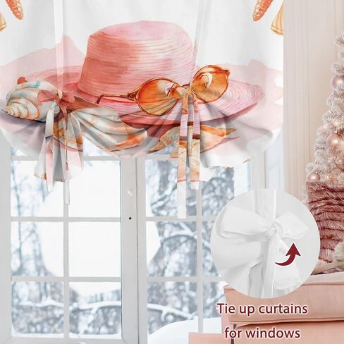 Coral Orange Red Tie Up Curtains for Windows 63 Inch Length Balloon Curtains Kitchen Adjustable Balloon Window Shade Coastal Ocean Starfish Shell Tie Up Valance Bathroom Curtain Window 52"x63" in Saudi Arabia