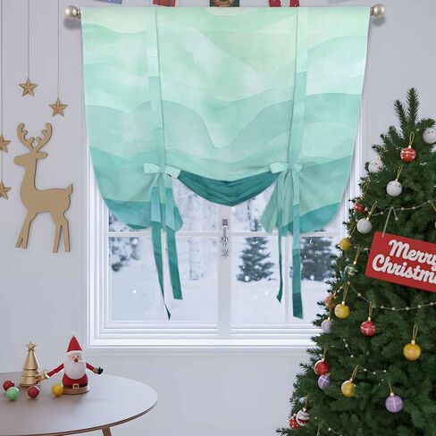 Teal Green Ombre Tie Up Curtains for Windows 45 Inch Length Balloon Curtains Kitchen Adjustable Balloon Window Shade Abstract Art Ocean Waves Gradient Tie Up Valance Bathroom Curtain Window 34"x45" in Saudi Arabia
