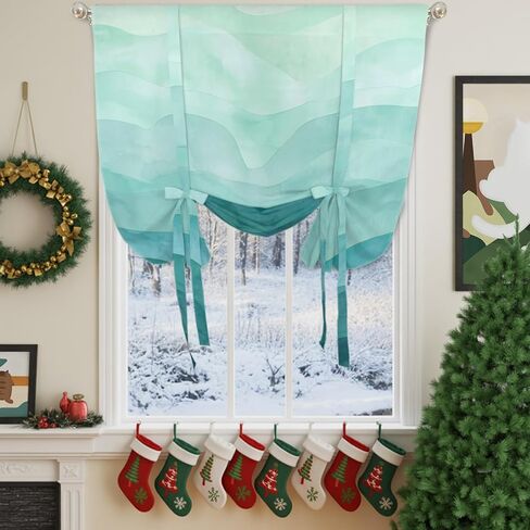 Teal Green Ombre Tie Up Curtains for Windows 45 Inch Length Balloon Curtains Kitchen Adjustable Balloon Window Shade Abstract Art Ocean Waves Gradient Tie Up Valance Bathroom Curtain Window 34"x45" in Saudi Arabia