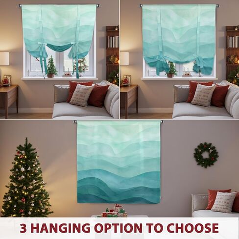 Teal Green Ombre Tie Up Curtains for Windows 45 Inch Length Balloon Curtains Kitchen Adjustable Balloon Window Shade Abstract Art Ocean Waves Gradient Tie Up Valance Bathroom Curtain Window 34"x45" in Saudi Arabia