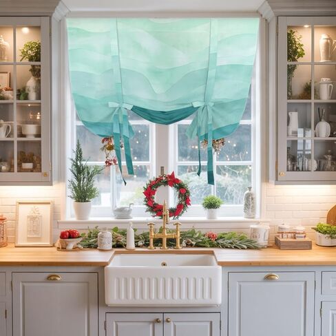 Teal Green Ombre Tie Up Curtains for Windows 45 Inch Length Balloon Curtains Kitchen Adjustable Balloon Window Shade Abstract Art Ocean Waves Gradient Tie Up Valance Bathroom Curtain Window 34"x45" in Saudi Arabia
