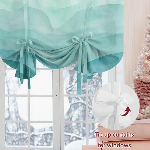 Teal Green Ombre Tie Up Curtains for Windows 45 Inch Length Balloon Curtains Kitchen Adjustable Balloon Window Shade Abstract Art Ocean Waves Gradient Tie Up Valance Bathroom Curtain Window 34"x45" in Saudi Arabia
