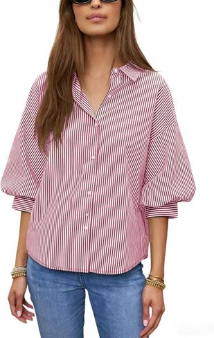 Women's Striped Button Down Shirt 3/4 Puff Sleeve Collared V Neck Loose Blouse for Casual Office Daily Wear in Saudi Arabia