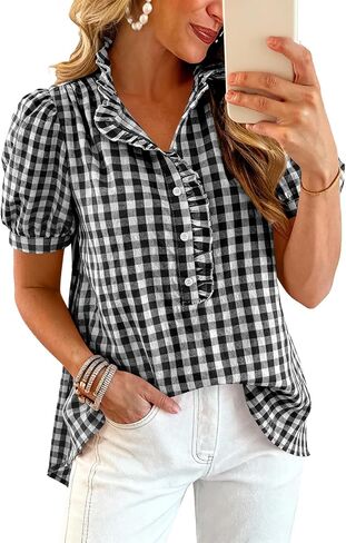 Women's Short Puff Sleeve Button Down Shirts Striped Plaid Ruffle Stand Collar Shirt Summer Tops Casual Work Blouses in Saudi Arabia