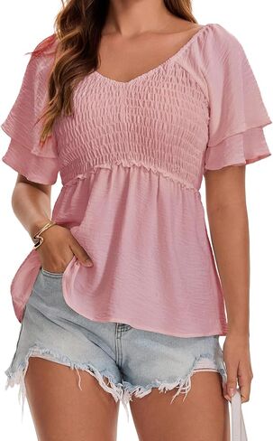 Women's Summer Peplum Tops Double Layer Ruffle Short Sleeve V Neck Smocked Blouse Casual Babydoll Hem Shirts in Kuwait