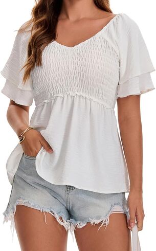 Women's Summer Peplum Tops Double Layer Ruffle Short Sleeve V Neck Smocked Blouse Casual Babydoll Hem Shirts in Kuwait