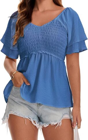 Women's Summer Peplum Tops Double Layer Ruffle Short Sleeve V Neck Smocked Blouse Casual Babydoll Hem Shirts in Kuwait
