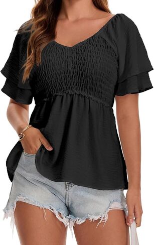 Women's Summer Peplum Tops Double Layer Ruffle Short Sleeve V Neck Smocked Blouse Casual Babydoll Hem Shirts in Kuwait