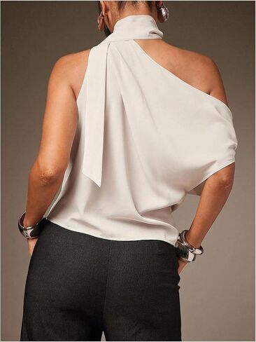 OYOANGLE Women's Off The Shoulder Halter Blouse Asymmetrical Neck Scarf Ruched Tops Summer Casual Going Out Top in Kuwait