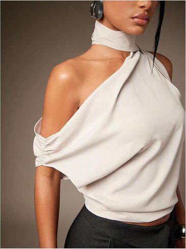 OYOANGLE Women's Off The Shoulder Halter Blouse Asymmetrical Neck Scarf Ruched Tops Summer Casual Going Out Top in Kuwait