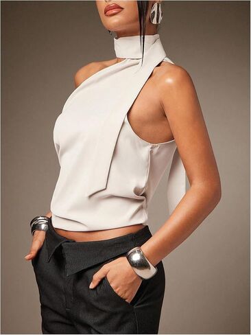 OYOANGLE Women's Off The Shoulder Halter Blouse Asymmetrical Neck Scarf Ruched Tops Summer Casual Going Out Top in Kuwait