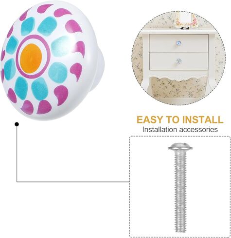 SUPVOX 4pcs Cartoon Ceramic Alloy Wardrobe Handles, Round Single-Hole Drawer Pull Knobs for Furniture, Colorful Pink, Blue, Orange Sunburst Designs in Kuwait