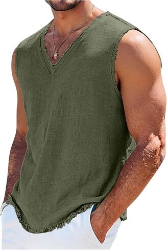 Men's Big and Tall Tank Top Loose Casual Sleeveless Retro Frayed V Neck Tee Shirts 2026 Summer Beach Vacation Tops in Saudi Arabia