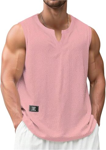 OYOANGLE Men's Letter Patched Sleeveless Tank Top Notched Neck Street Shirt Textured Tops in Kuwait