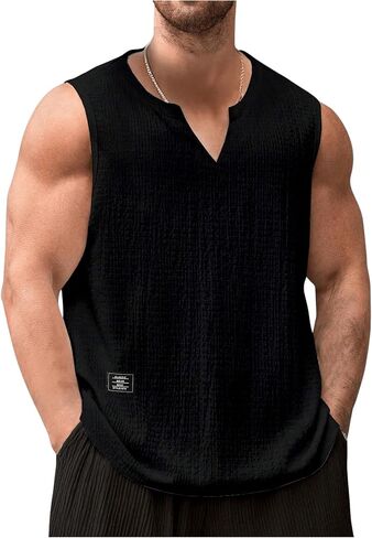 OYOANGLE Men's Letter Patched Sleeveless Tank Top Notched Neck Street Shirt Textured Tops in Kuwait