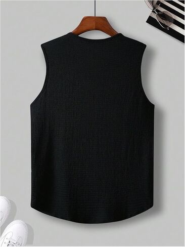 OYOANGLE Men's Letter Patched Sleeveless Tank Top Notched Neck Street Shirt Textured Tops in Kuwait