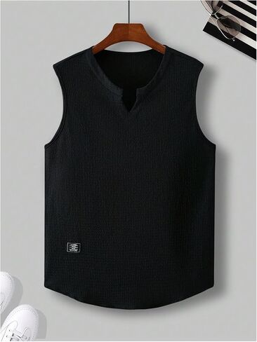 OYOANGLE Men's Letter Patched Sleeveless Tank Top Notched Neck Street Shirt Textured Tops in Kuwait